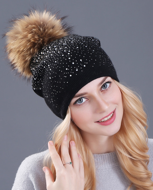 Rhinestones Rabbit fur knitted hat Rhinestones Rabbit fur knitted hat